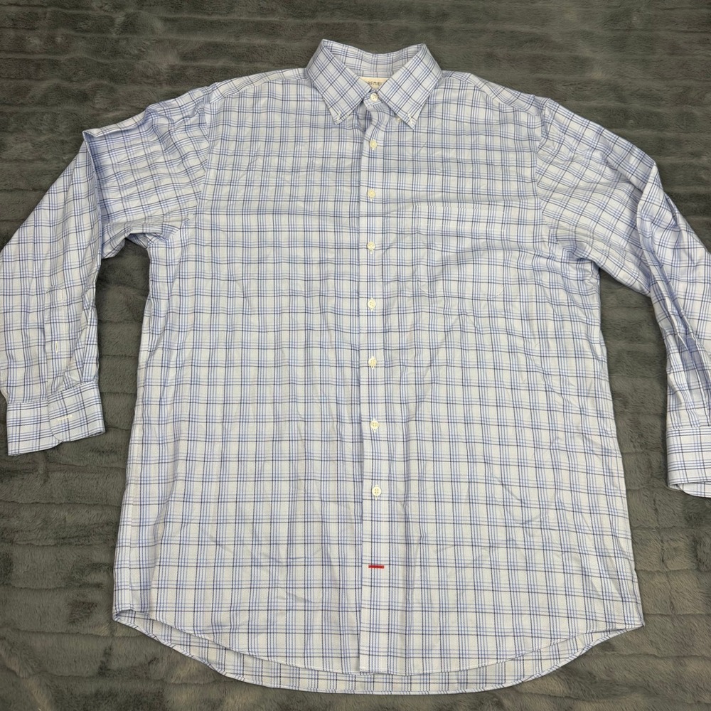 Cremieux Mens 16.5 34 Blue White Plaid Pima Cotton Non-Iron Button Down Shirt